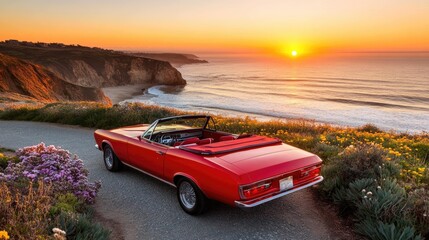 A red convertible car parked on a coastal road with a beautiful sunset over the ocean.