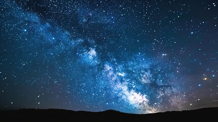 Panoramic blue night sky with milky way and stars on dark background. Fill the universe, nebulae and galaxies with noise and particles. Dark night sky.