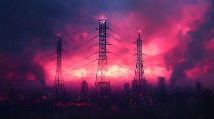 Fototapeta premium A beautiful sunset is reflected in the sky above three tall power lines. The sky is filled with clouds, and the power lines are lit up at night. The scene is peaceful and serene