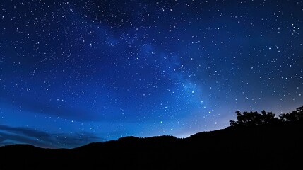 Panoramic blue night sky with milky way and stars on dark background. Fill the universe, nebulae and galaxies with noise and particles. Dark night sky.
