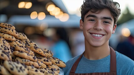 Smiling boy selling chocolate chip cookies. A perfect photo for your bakery website or social media post promoting your freshly baked cookies.