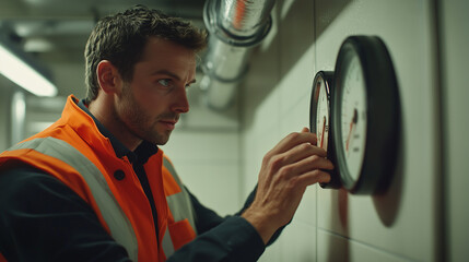 Technician Checks Pressure Gauge in a Facility During Maintenance Work