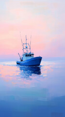 Fototapeta premium A fishing trawler moves through calm sea waters at dawn, with the sky painted in soft shades of pink and blue, reflecting beautifully on the water