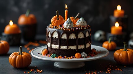 A single-tier chocolate cake with chocolate ganache and buttercream frosting, decorated with sprinkles and small pumpkins. There is a lit candle on top and several lit candles in the background.