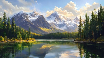 Obraz premium Majestic mountain peaks reflect in a calm lake, showcasing serene beauty under a clear blue sky.