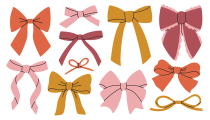 Cute bow set. Trendy various bows, gift ribbons. Bowknots in hand drawn flat styles. Hair accessory. For gift wrapping