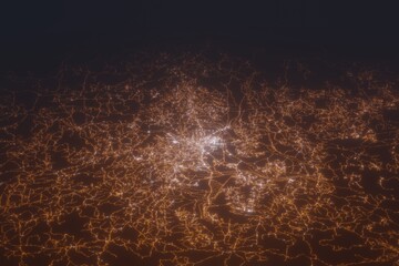 Aerial shot of Antananarivo (Madagascar) at night, view from north. Imitation of satellite view on modern city with street lights and glow effect. 3d render