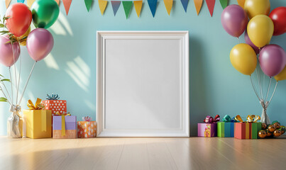 A festive display with balloons, gifts, and a blank frame for decoration.