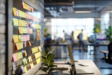 Kanban board with lots of post it notes in a modern office, small crowd in the background
