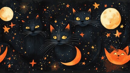 Fototapeta premium A seamless pattern featuring three black cats with yellow eyes against a background of stars, moons, and a dark sky.