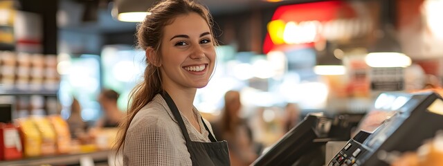A smiling female cashier is behind the counter at an afternoon grocery store, engaging with customers and serving food in a bustling atmosphere