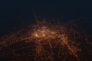 Aerial shot on Las Cruces (New Mexico, USA) at night, view from east. Imitation of satellite view on modern city with street lights and glow effect. 3d render © Hairem