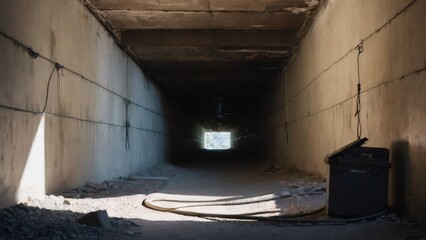 Abandoned Underground Railway Tunnel with Loose Wires: A dimly lit underground tunnel featuring old railway tracks, loose cables, and concrete walls. The worn-out surroundings hint at a long period of