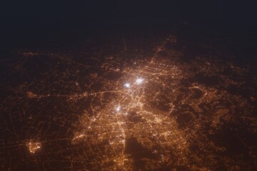 Aerial shot of Austin (Texas, USA) at night, view from north. Imitation of satellite view on modern city with street lights and glow effect. 3d render