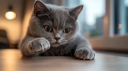 British Shorthair grey cat exploring the camera with a paw, filled with wonder and energy, selective focus on paw, modern apartment, dynamic, Fusion, window-lit backdrop