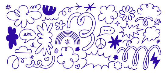 Vector set of minimalist design elements, flowers, doodles, scribbles - abstract background elements for branding, packaging, prints and social media posts