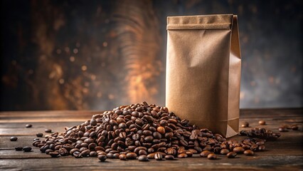 Stylish coffee bag mock up with scattered coffee beans on table - Powered by Adobe