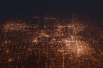 Aerial shot of Loveland, Fort Collins and Greeley (Colorado, USA) at night, view from north. Imitation of satellite view on modern city with street lights and glow effect. 3d render