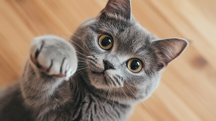 British Shorthair grey cat playfully pawing at the camera, joyful and curious expression, selective focus on paw, modern home, whimsical, Fusion, wooden floor backdrop