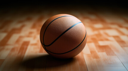 Close-up of a basketball resting on a wooden court floor with a shallow depth of field highlighting texture details under soft lighting.