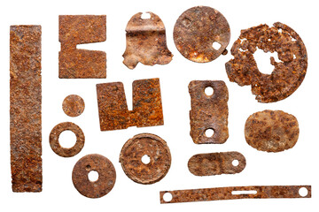 Collection of rusty bolts, screws, and nuts isolated on a white background. Design elements. Metal detecting finds.