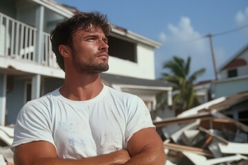 Fototapeta premium A thoughtful man in a white shirt stands amidst the wreckage of a natural disaster, reflecting on the destruction around him under a clear blue sky and bright sunlight.
