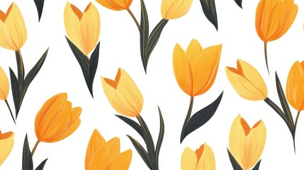 Obraz premium A vibrant pattern of yellow tulips on a white background, perfect for floral designs.