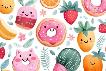 Cute and Cheerful Kawaii Food Characters in Vibrant Watercolor Pattern