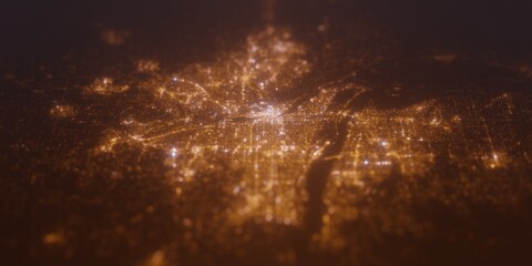Street lights map of Portland (Oregon, USA) with tilt-shift effect, view from east. Imitation of macro shot with blurred background. 3d render, selective focus