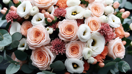 Elegant bouquet of pale pink roses, white lisianthus, and assorted flowers with green eucalyptus leaves