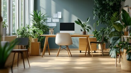 View of a bright, airy, and minimalist modern office environment featuring workstations, plants, and a copy area