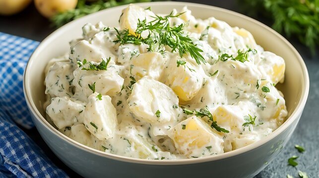 patato salad with mayonnaise and dill in a bowl