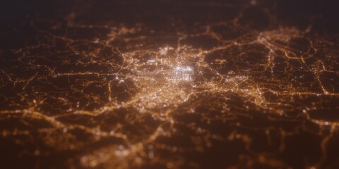 Street lights map of Daejeon (Korea) with tilt-shift effect, view from east. Imitation of macro shot with blurred background. 3d render, selective focus