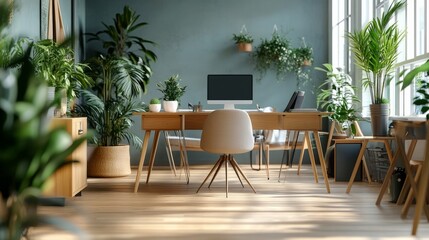 Fototapeta premium View of a bright, airy, and minimalist modern office environment featuring workstations, plants, and a copy area