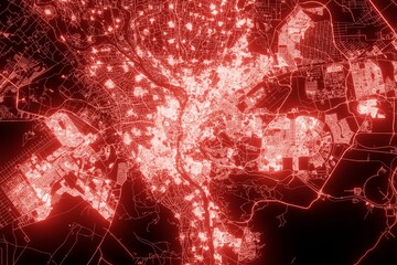 Street map of Cairo (Egypt) made with red illumination and glow effect. Top view on roads network. 3d render, illustration