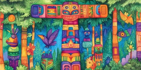 Colorful totem poles in a forest scene.