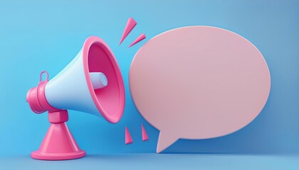 A colorful megaphone with sound waves, accompanied by a speech bubble, set against a blue background, symbolizing communication and announcement.