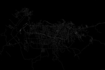 Stylized map of the streets of Malabo (Equatorial Guinea) made with white lines on black background. Top view. 3d render, illustration