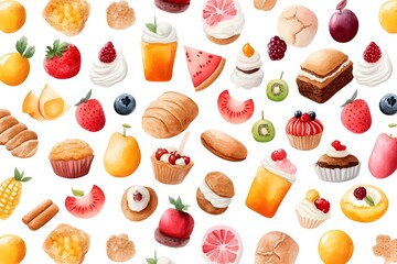Vibrant and Appetizing Watercolor Food Pattern with Diverse Fruits  Vegetables  Baked Goods  and Delectable Desserts