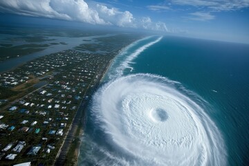 A dramatic aerial perspective reveals a whirlwind storm veering toward a densely populated shoreline, highlighting its formidable power and potential impact.