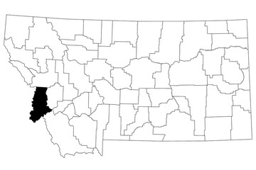 Map of ravalli County in Montana state on white background. single County map highlighted by black colour on Montana map. UNITED STATES, US