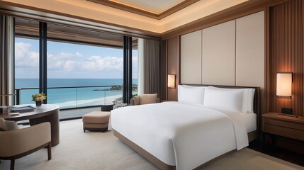 Fototapeta premium Luxury Hotel Room with Ocean View and Modern Decor