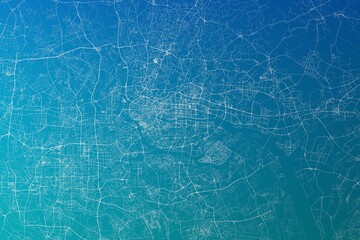Map of the streets of Guangzhou (China) made with white lines on greenish blue gradient background. 3d render, illustration