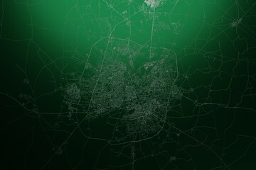 Street map of Ahmedabad (India) engraved on green metal background. Light is coming from top. 3d render, illustration