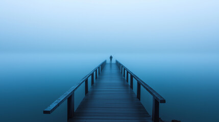 Fototapeta premium A serene beach scene with a wooden pier and a person walking on it. The foggy atmosphere adds a sense of tranquility to the scene, as the misty air envelops the pier and the beach