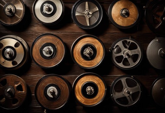 vintage film reels displaying rich textures intricate grain patterns ideal authentic retro aesthetics, analogue, art, artefact, blank, canvas, celuloid