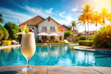 Summer cocktail pina colada with blurred sunny pool and house in background