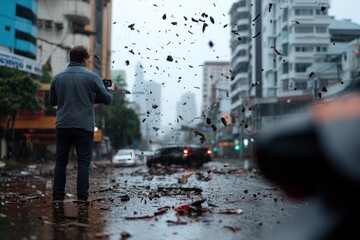 Obraz premium A man stands bravely in the midst of an urban street during a storm with airborne debris, symbolizing resilience and the unpredictability of urban environments.