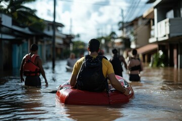 Individuals use an inflatable raft to navigate through a flooded street, representing human adaptability and community support in overcoming natural disasters' challenges.