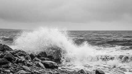Rocky shore captures crashing waves.